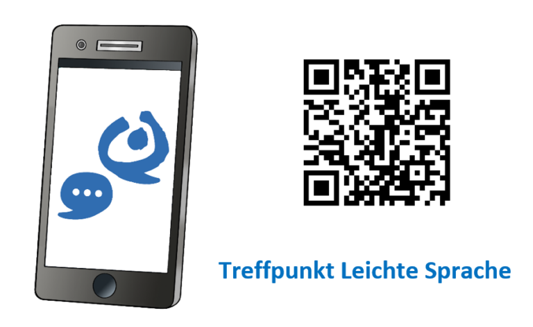 Logo von der App und der QR-Code zur App. Das Logo von der App sind zwei blaue Sprechblasen.