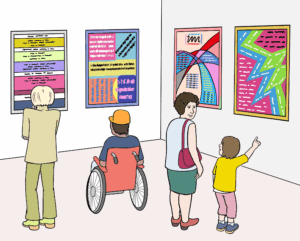 Menschen schauen sich eine Ausstellung an. An der Wand hängen bunte Poster.