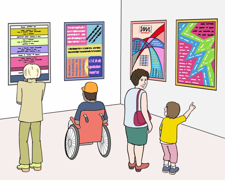 Menschen schauen sich eine Ausstellung an. An der Wand hängen bunte Poster.