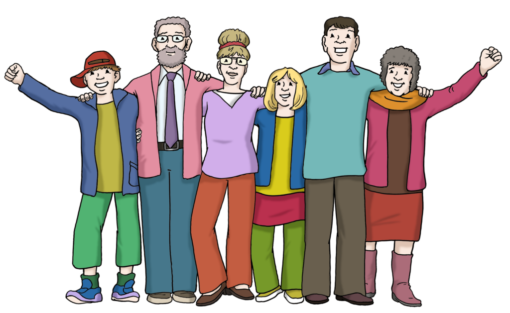 Eine fröhliche Gruppen von Menschen eng nebeneinander.