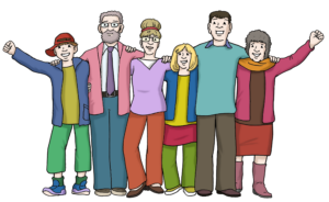 Eine fröhliche Gruppen von Menschen eng nebeneinander.