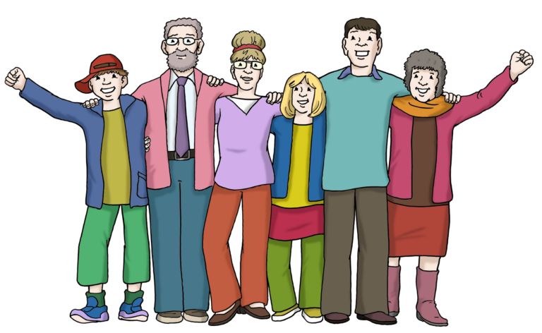 Eine fröhliche Gruppen von Menschen eng nebeneinander.