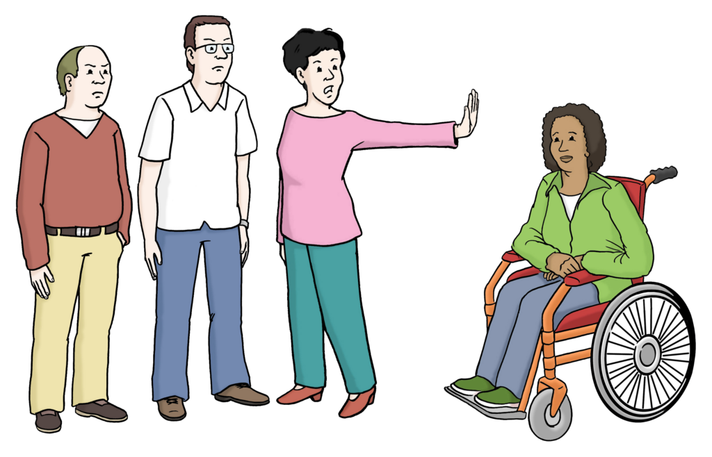 drei weiße Personen grenzen eine schwarze Person im Rollstuhl aus