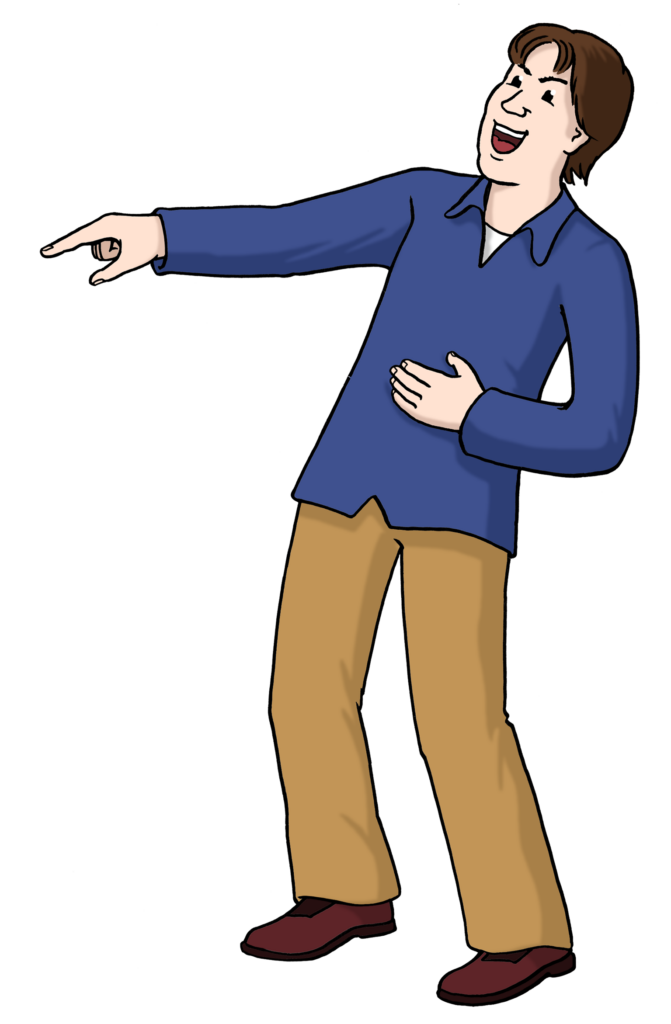 Eine Person guckt schadenfroh und lacht. Die Person zeigt mit dem Finger auf etwas außerhalb vom Bild und hält sich beim Lachen den Bauch.