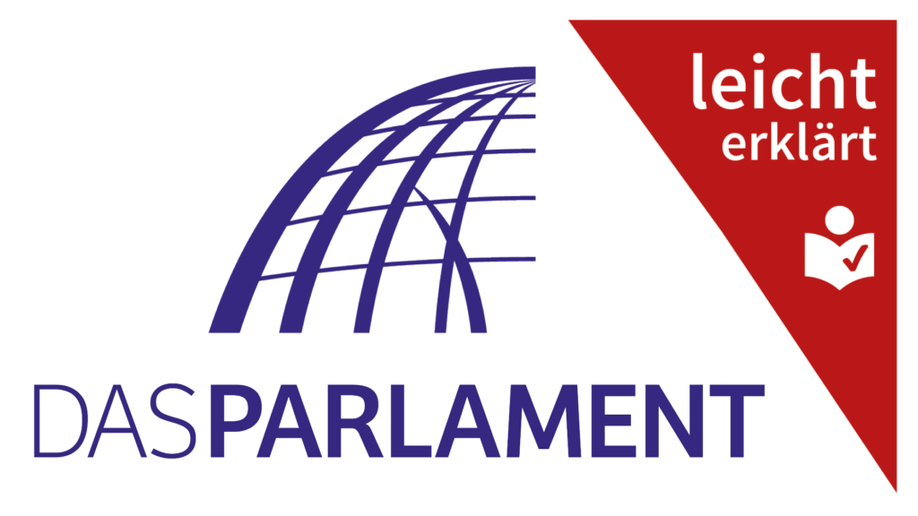 Logo für die Informationen in Leichter Sprache für die Zeitung "Das Parlament". Links das Logo der Zeitung, mit dem Text "Das Parlament. Darüber sieht man die Hälfte von der Glaskuppel vom Bundestag. Rechts ist ein rotes Dreieck mit langer Spitze nach unten. Oben im Dreieck steht "leicht erklärt", unten im Dreieck ist ein Zeichen für Leichte Sprache mit einem aufgeklappten buch und einem Häkchen auf einer Seite.