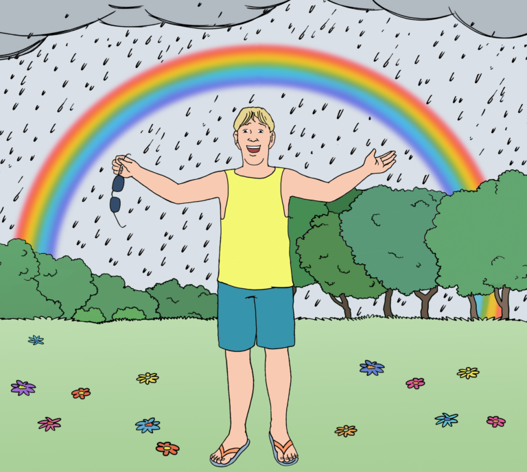 Ein blonder Mann mit Tanktop und kurzer Hose steht auf einer Wiese. Es regnet und über dem Mann ist ein Regenbogen. Der Mann streckt fröhlich seine Arme zu den Seiten aus.
