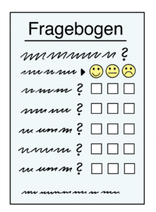 Ein Fragebogen mit Fragen und Kästchen zum Ankreuzen.