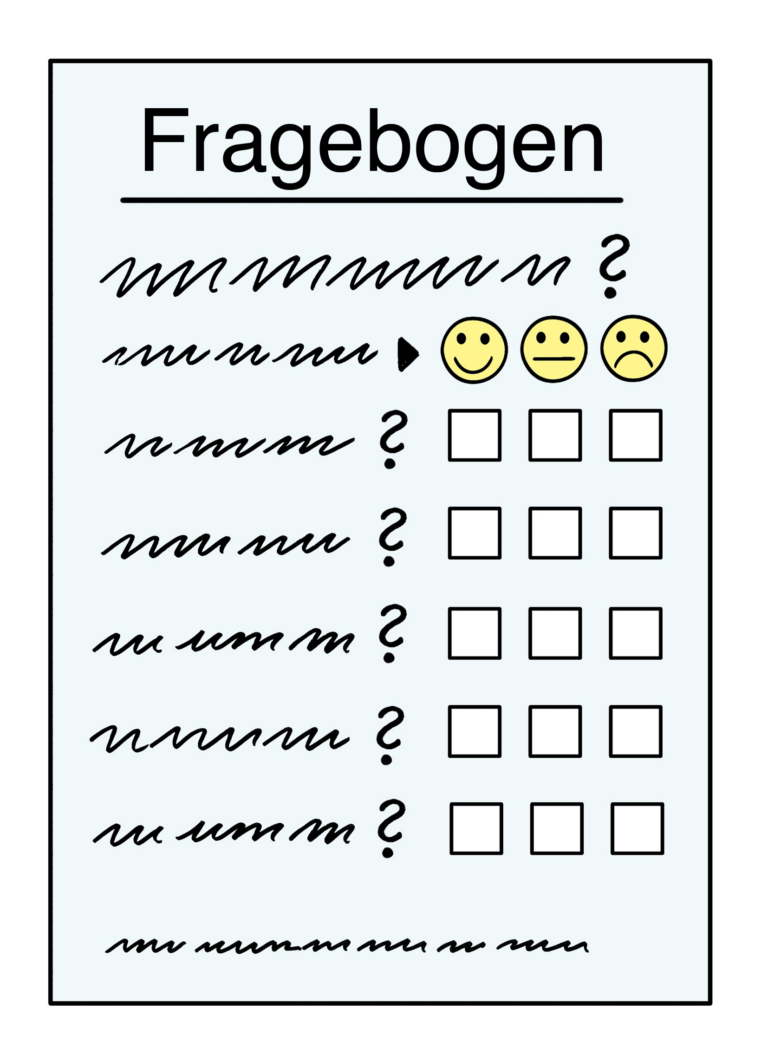 Ein Fragebogen mit Fragen und Kästchen zum Ankreuzen.